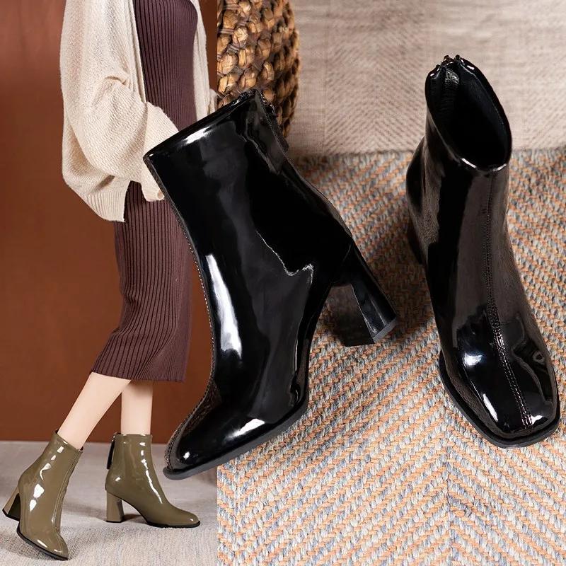 Podzim Zima Kotníkové boty Dámské Kozačky na vysokém podpatku Móda Krátké kozačky na silném podpatku Hranaté boty Móda Černé boty 2024