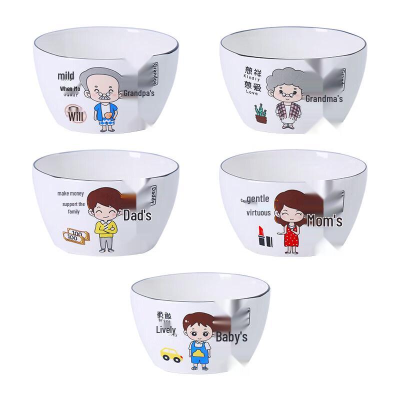 Qiwei Cream Style Family of Four Cartoon Ceramic Bowl Set