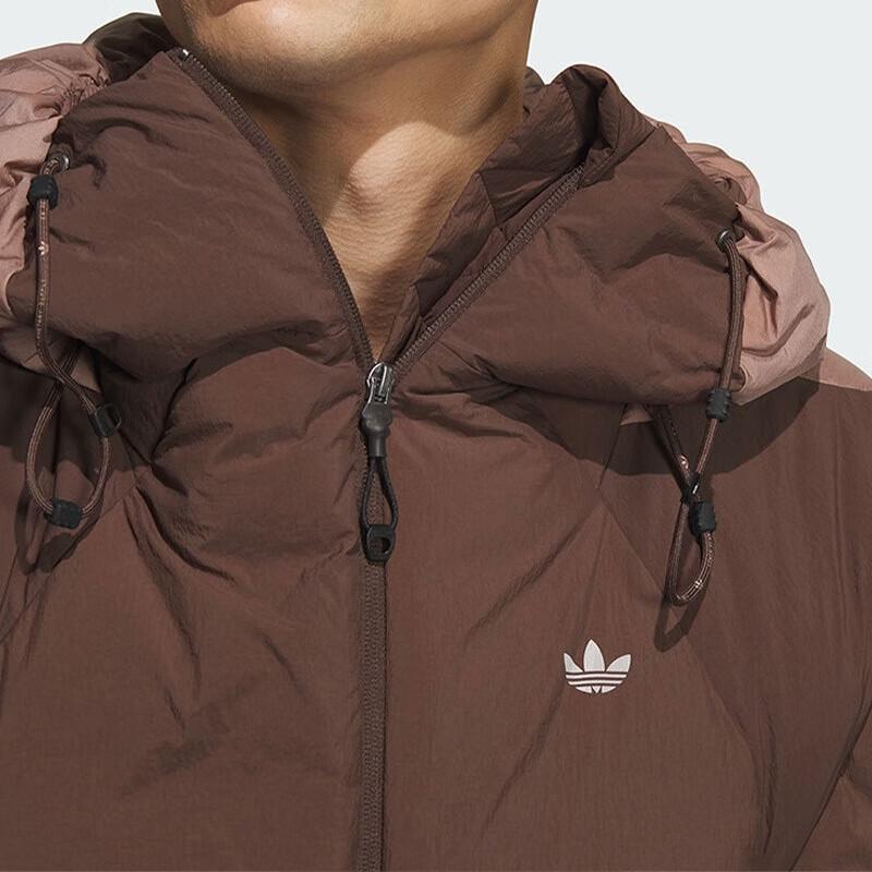 Adidas Originals X Hamcus Collaboration FW23 Color Block Quilted Logo Drawstring Hooded Zipper Down Jacket Unisex Outerwear Brown IX4344