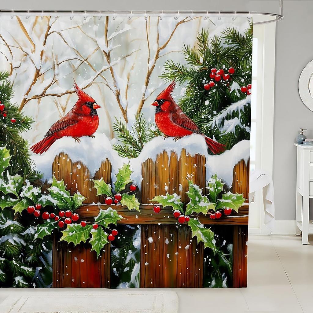 Christmas Happy Santa Claus Shower Curtain Red Xmas Decorations Fabric Shower Curtain,White Snowflake Bathroom Shower Curtain