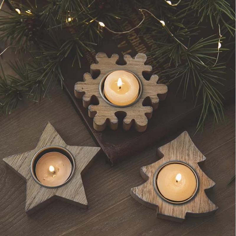 Christmas Wooden Candlestick Retro Xmas Tree Snowflake Star Shaped Candle Holder for Navidad New Year Party Home Table Decor