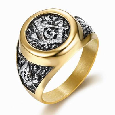 Ring European and American Freemasonry Logo Street Fashion Freemasonry Golds White Diamond Retro Stainless Steel Ring