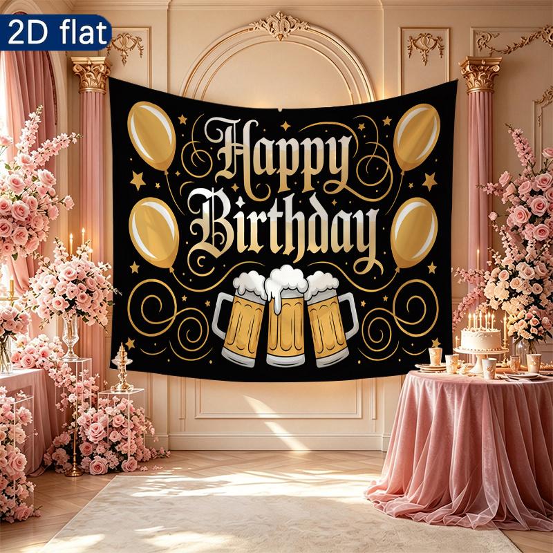 Golden Balloons Gifts Beer Mugs Birthday Party Backdrop, Polyester Banner for Photo Background & Decor