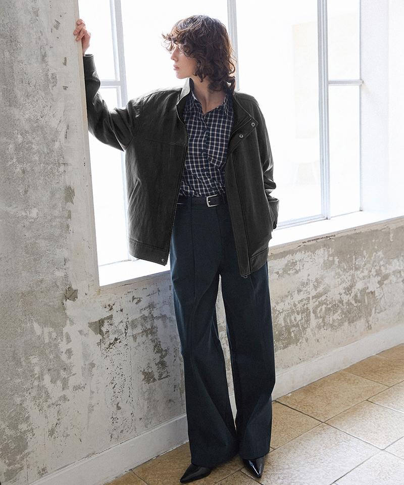 LEFTSEOUL Modern Pintuck Wide Pants [Navy]