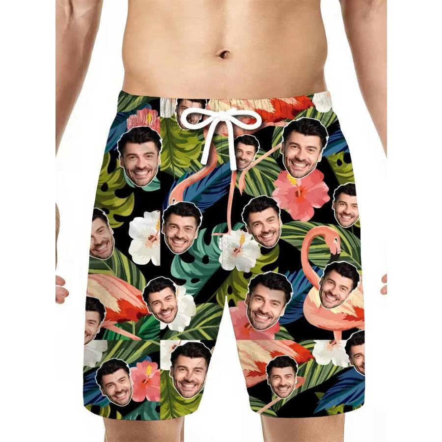 Custom Face Beach Shorts For Men 3D Digital Print Surfing Hawaiian Shorts Quick-Drying Lightweight Comfortable Swim Trunks