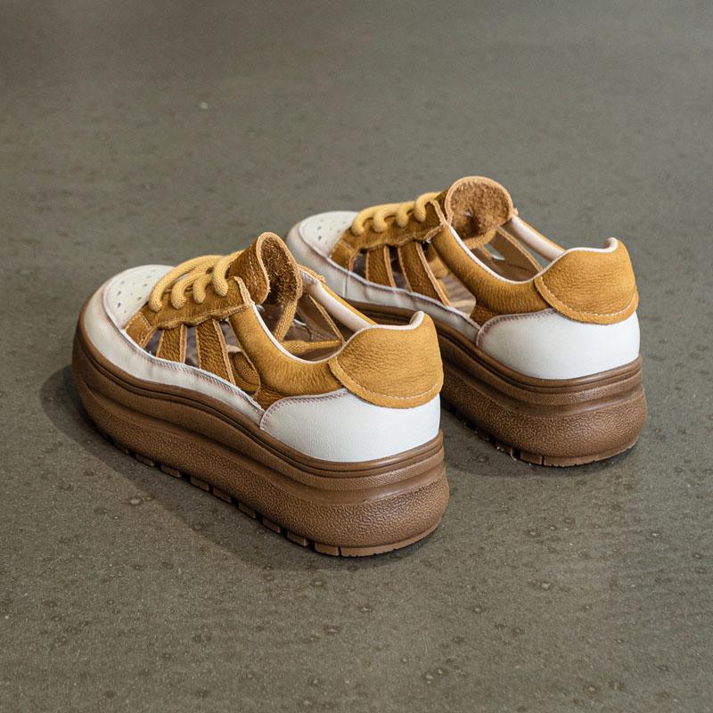 Summer Women Shoes 2025 Mixed Colors Genuine Leather Breathable Hollow Out Chunky Platform Lace-Up Women Casual Sneakers