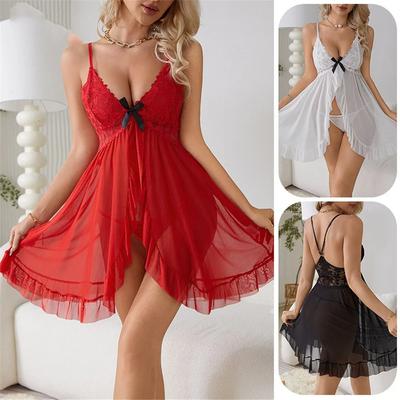 Lace Transparent Lingerie Sleepdress Nightgown Ladies Nightwear Sexy Women Underwear Open Crotch Chemise Sleepwear