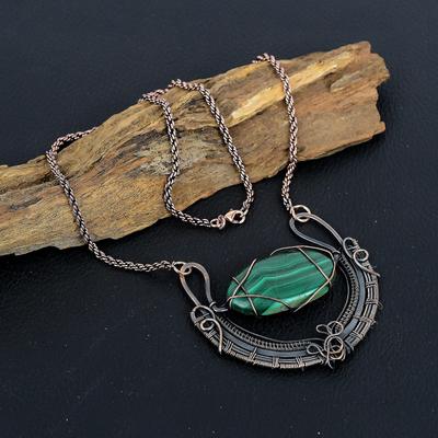 Malachite Pierre Précieuse Fait Main Fil de Cuivre Enveloppé Bijoux Collier Ajustable Pour Elle