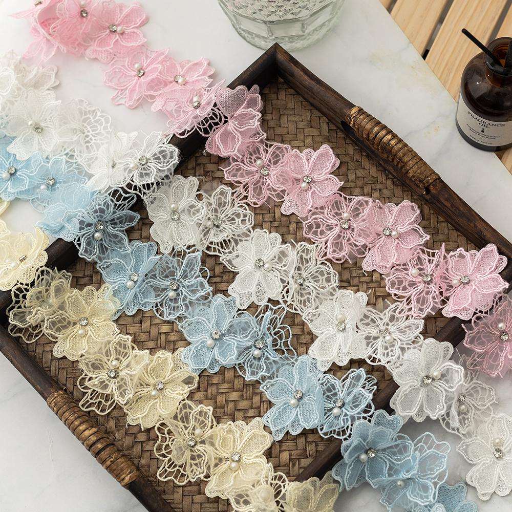 2Meters 3D Pearl Beads Flower Lace Trim Ribbon Floral Applique Embroidered Lace Fabric for Sewing Needlework DIY Crafts supplies