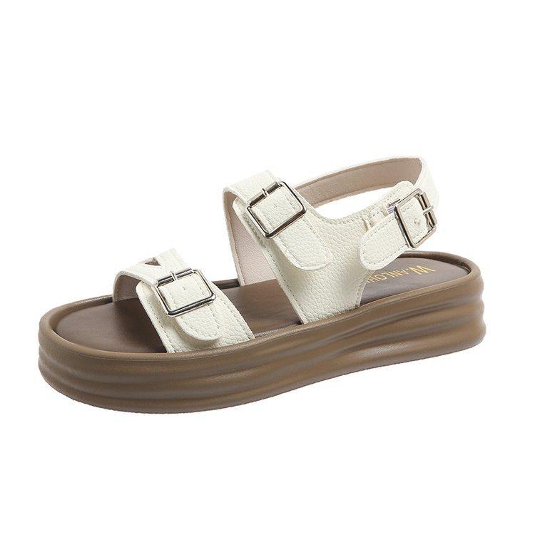 2025 Summer New Fashion Open-toed Women's Sandals One-word Buckle Strap Flat Middle Heel Empty Sandals Fairy Style Women's Shoes