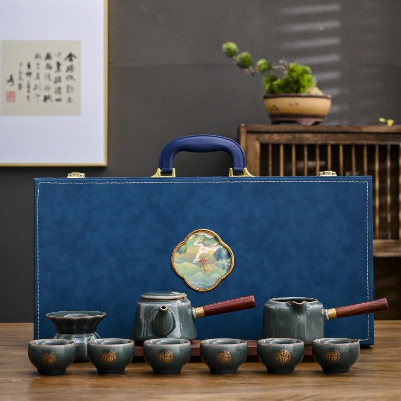 

Ceramic Kung Fu Tea Set Ru Kiln Side Pot Teacup Gold-painted Retro Business Gifts Advertising Gifts