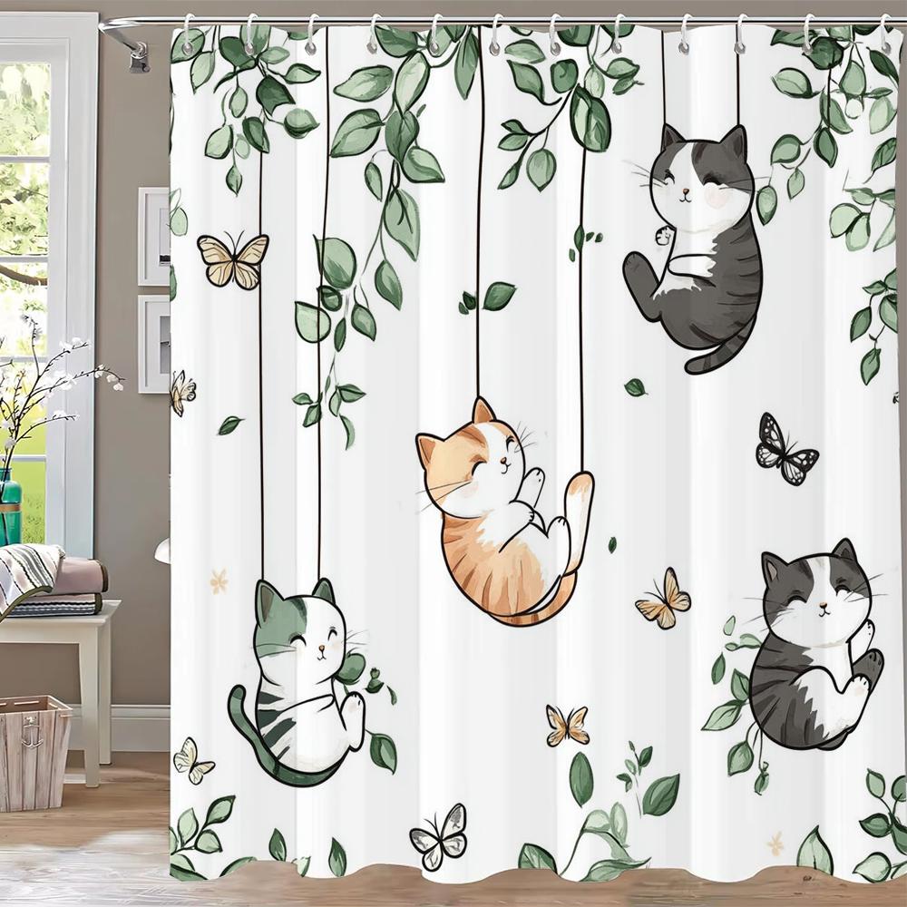 Cartoon Cat Shower Curtain, Plant leaves Bathroom Decorative Shower Curtain, Printed Fabric Home Curtain with Hooks