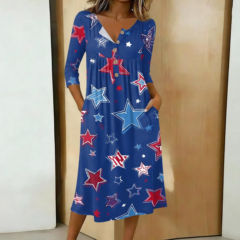Women’s Casual 3/4 Sleeve Button Neck Mid-Length Dress with Star Print Relaxed Fit Suitable for Daily Wear and Seasonal Outings