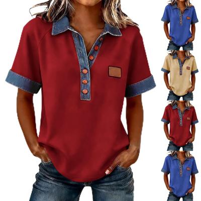 Denim Patchwork Shirts For Women Stand Collar Casual Blouse Short Sleeve Comfy Tshirt Spring Summer Fashion