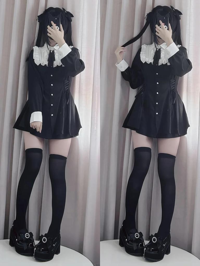 ZYOOFOV Long Mini Loose Girly Korean Mori Princess School Autumn Women's Ruffled, Bowknot, Button-Down Dress, Sleeves, Lightweight, Breathable, Dress,