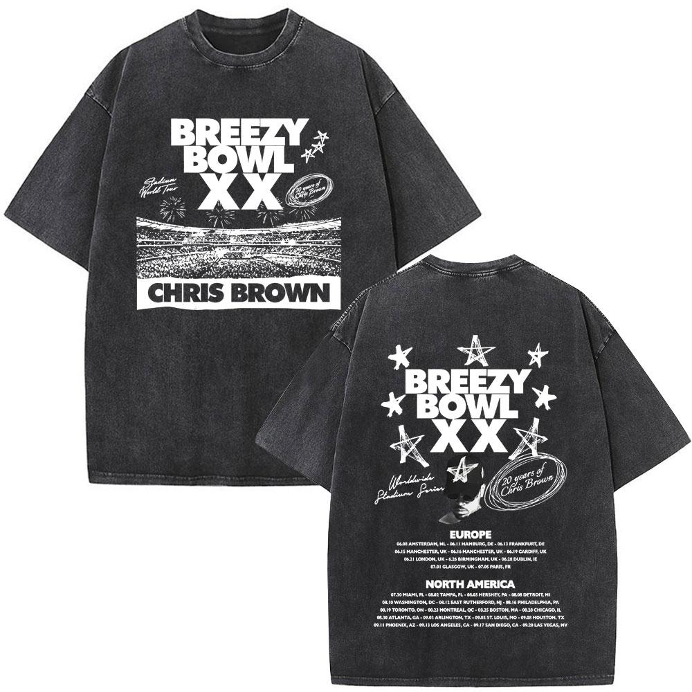Rapper Chris Brown Breezy Bowl XX Tour 11:11 Vintage Washed T-Shirt Herren Damen Mode Hip Hop T-Shirts Baumwolle Oversized T-Shirts