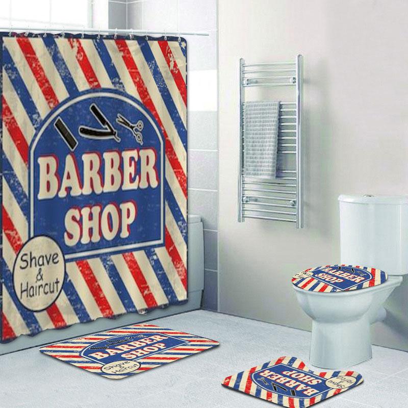 Vintage Barber Shop Shower Curtain Set For Bathroom Barber Shop Decor Toilet Bathtub Accessories Bath Curtains Mats Rugs Carpets