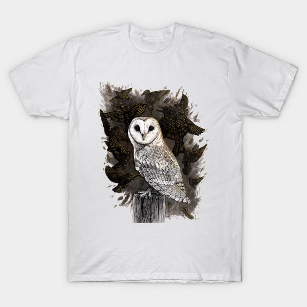 Men Black Print T-shirt Barn Owl With Golden Starlings No-Cut Transfer Paper Print Cotton Tshirt S белый