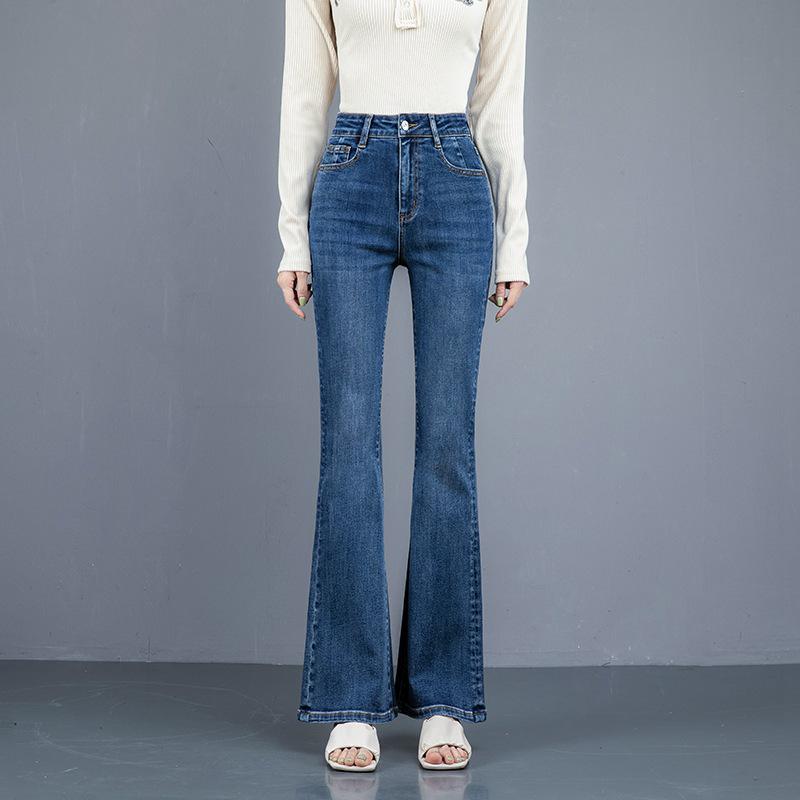 2024 Summer Women s Dark Blue High-Waisted Micro-Flare Floor-Length Jeans 30