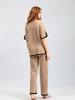 New Fashion Sweater Set Temperament Contrast Color Split Short-sleeved Knitwear + High Waist Slimming Wide-leg Trousers Long Pants Two-piece Set