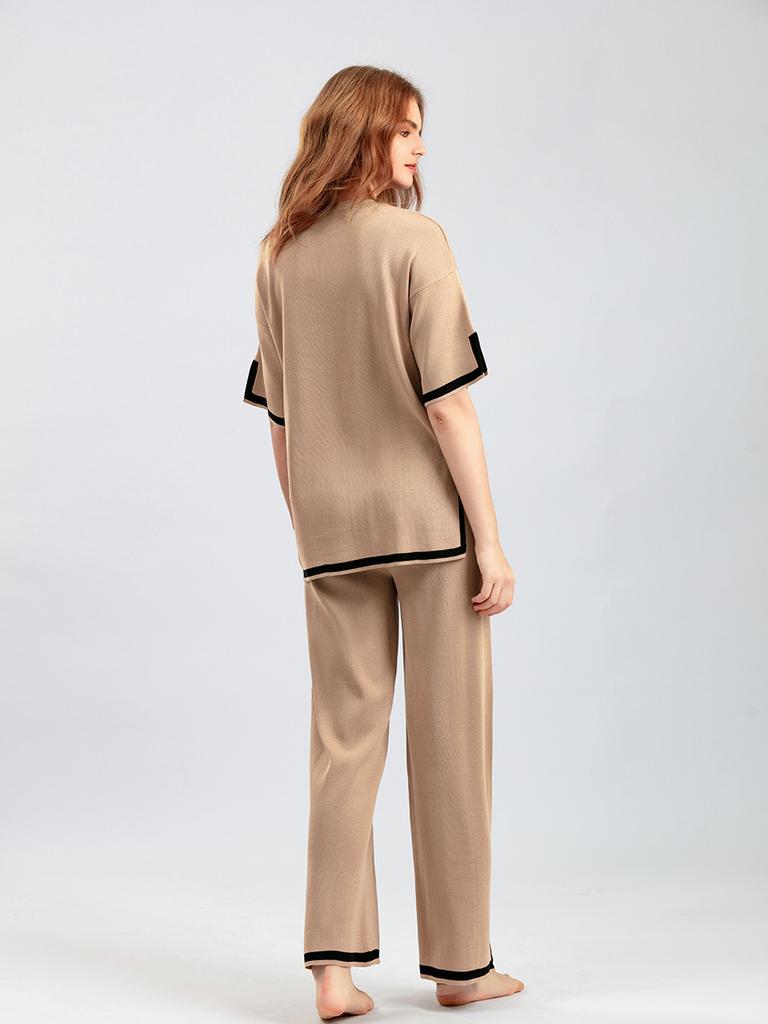 New Fashion Sweater Set Temperament Contrast Color Split Short-sleeved Knitwear + High Waist Slimming Wide-leg Trousers Long Pants Two-piece Set