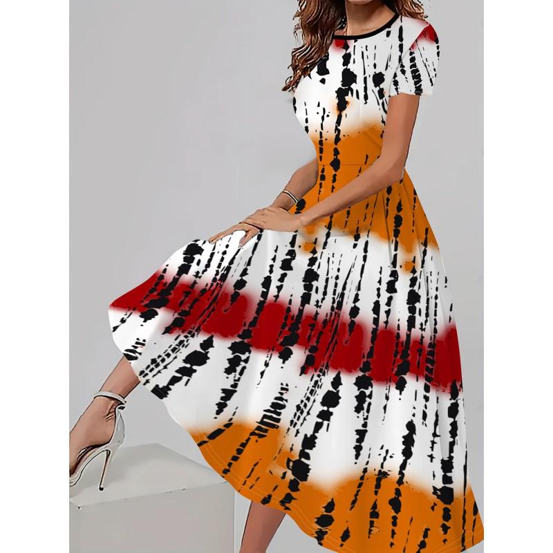 Womens Loose Fit Cotton Print Short Sleeve Round Neck Midi Dress Casual Wear