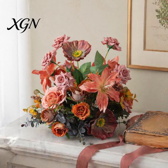 Lifelike Faux Floral Centerpieces Artificial Table Flower Arrangement, Mixed Lily Rose Silk Fake Bouquet, Elegant Vintage Style Decor for Dining