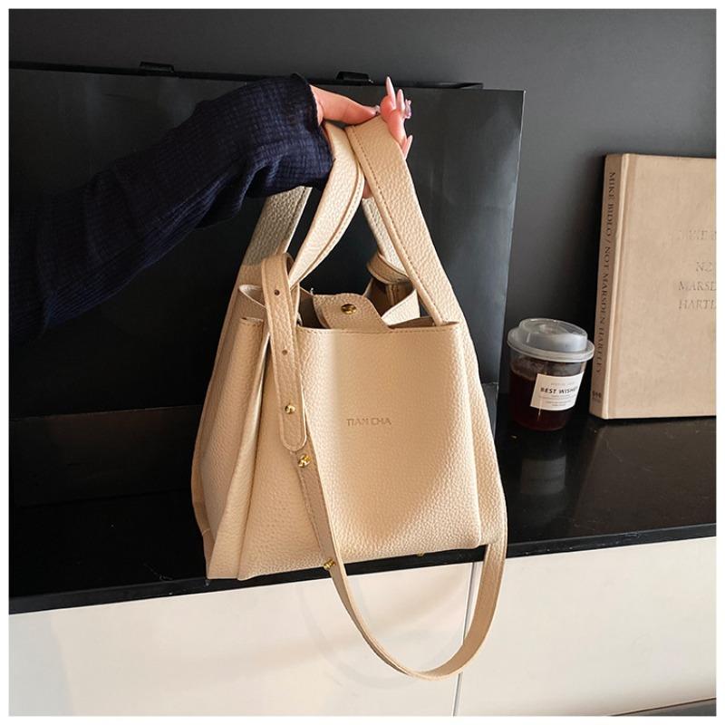 Lychee Pattern Letter Bucket Bag New High-end Bag Women's Simple Shoulder Portable Vegetable Basket Bag