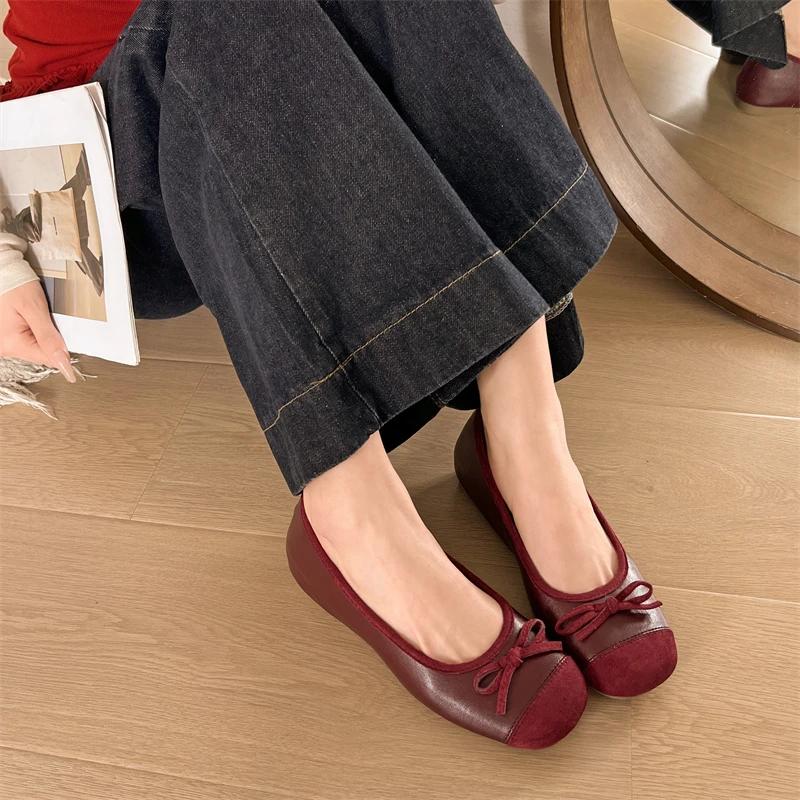 New Style Women's Red Elegant Bowknot Round Toe Women's Flat Comfort Slip-On Ladies Ballerina Single Mules Shoes Zapatos Mujer