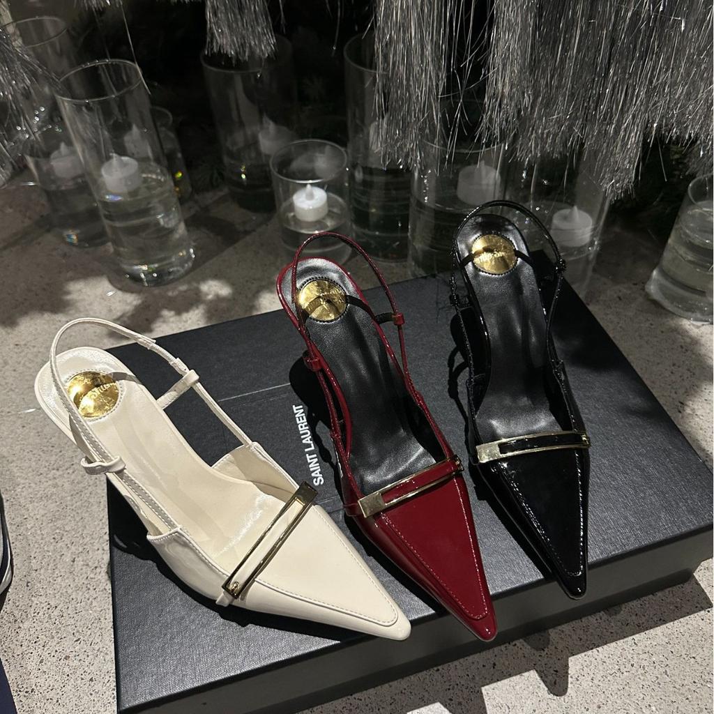 2025 spring and autumn new fashion versatile patent leather thin heel bag head sandals retro style word with pointed head after empty