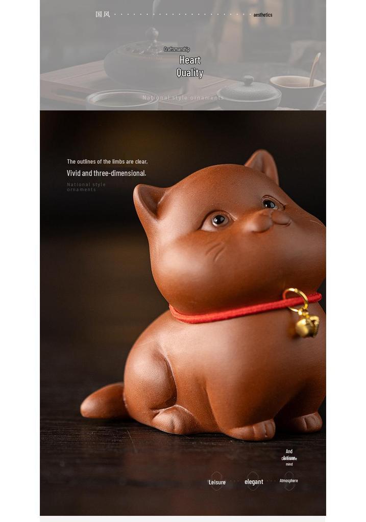 Charming Lucky Cat Purple Clay Tea Pet for Home or Office Decor