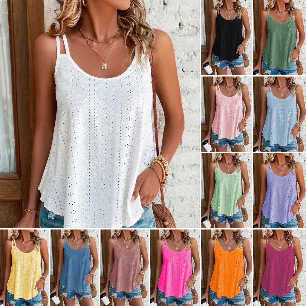 Dames Ronde Hals Mouwloze Tanktop Losse Pasvorm Broderie Jacquard Spaghettibandje Camisole Zomer Laagjes Basic Top