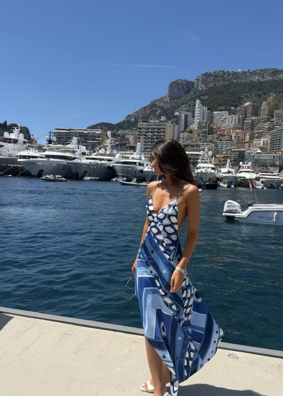 2026 European and American Style Backless Vacation Style Blue Ambient Backless Sexy Dress for Women S синий