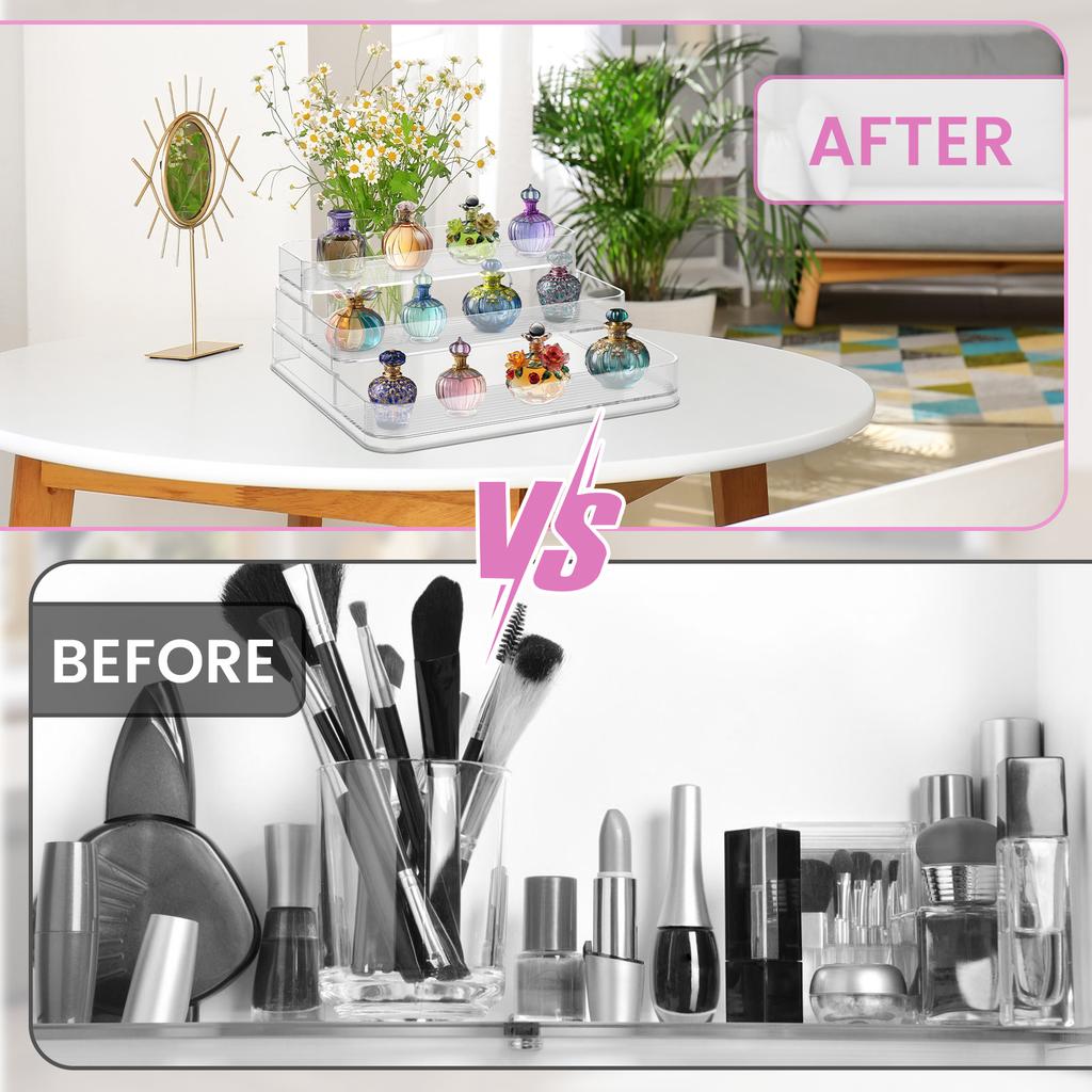 3 Tier Clear Display Riser Stand and 24 Slots Lipstick Organizer Set Acrylic Perfume Display Step Shelf Cosmetics Storage Rack