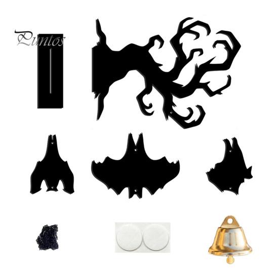 Festive Entrance Hanging Bell Halloween Wall Decor, Matte Black Dead Branch Bat Silhouette Ornament Courtyard Decoration with Metal Bell, Easy Install