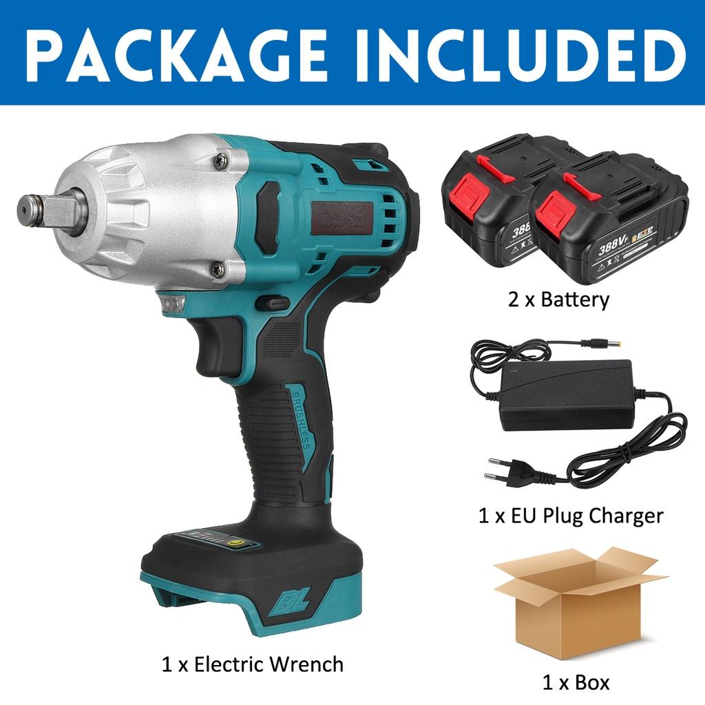 800N.m High Torque Cordless Brushless Electric Impact Wrench 1/2 Inch Power Tools with 2pcs 3.0AH Rechargeable Battery New