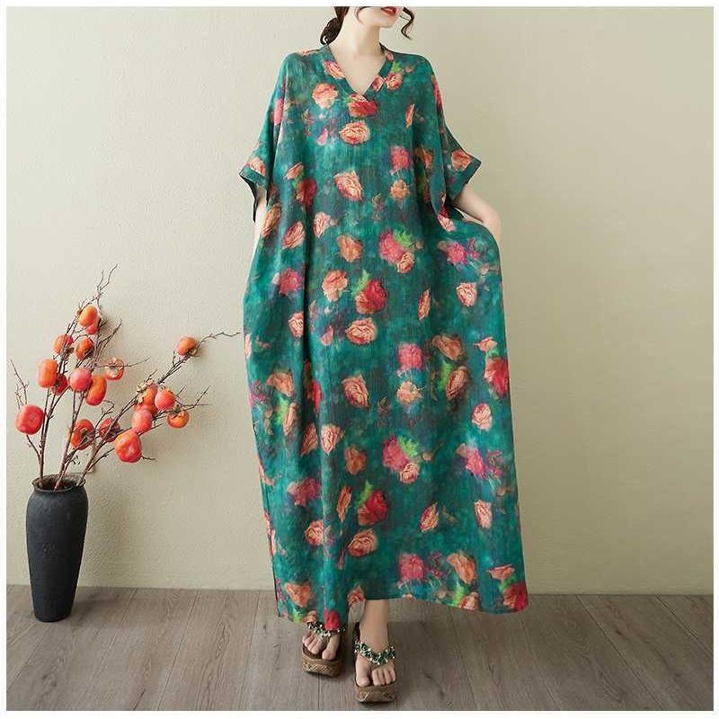Women's Vintage Long Dress with Cotton and Linen Patterns