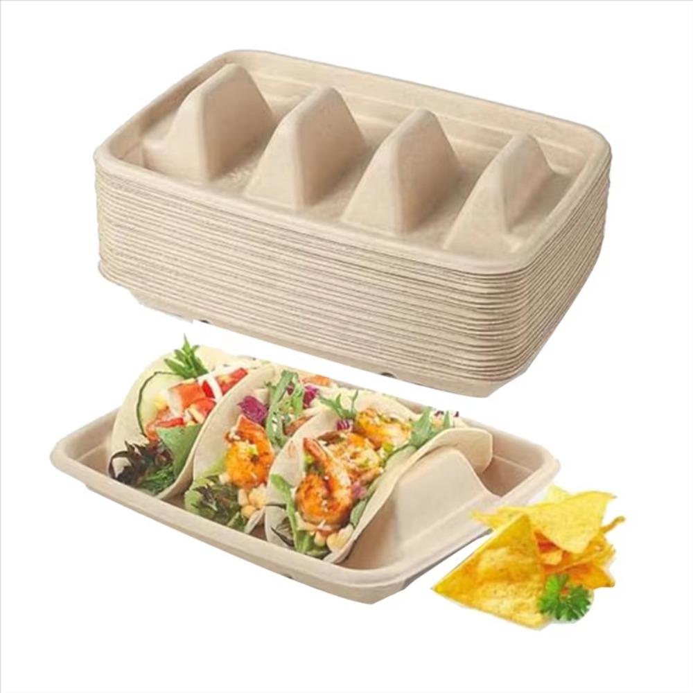 50Pcs Biodegradable Disposable Taco Plates with Lid Taco Serving Tray Taco Holder  School