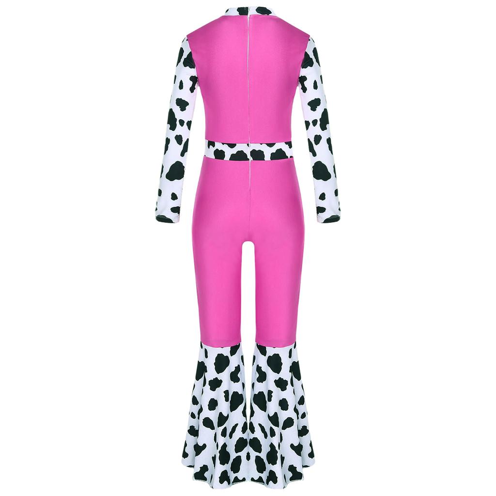 Kids Western Cowboy Costume Long Sleeve High Waist Bodysuit Fringe Cow Print Flared Jumpsuit Halloween Outfit