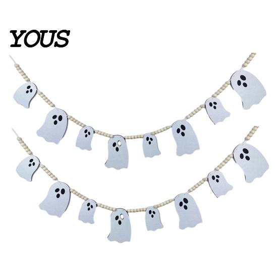 Ghost Halloween Garland 2 Pcs 7.5FT Garland, Felt Pumpkin Bat Skull with Banner Decoration Wood Beads, Party Hanging for Fireplace Doorway Indoor