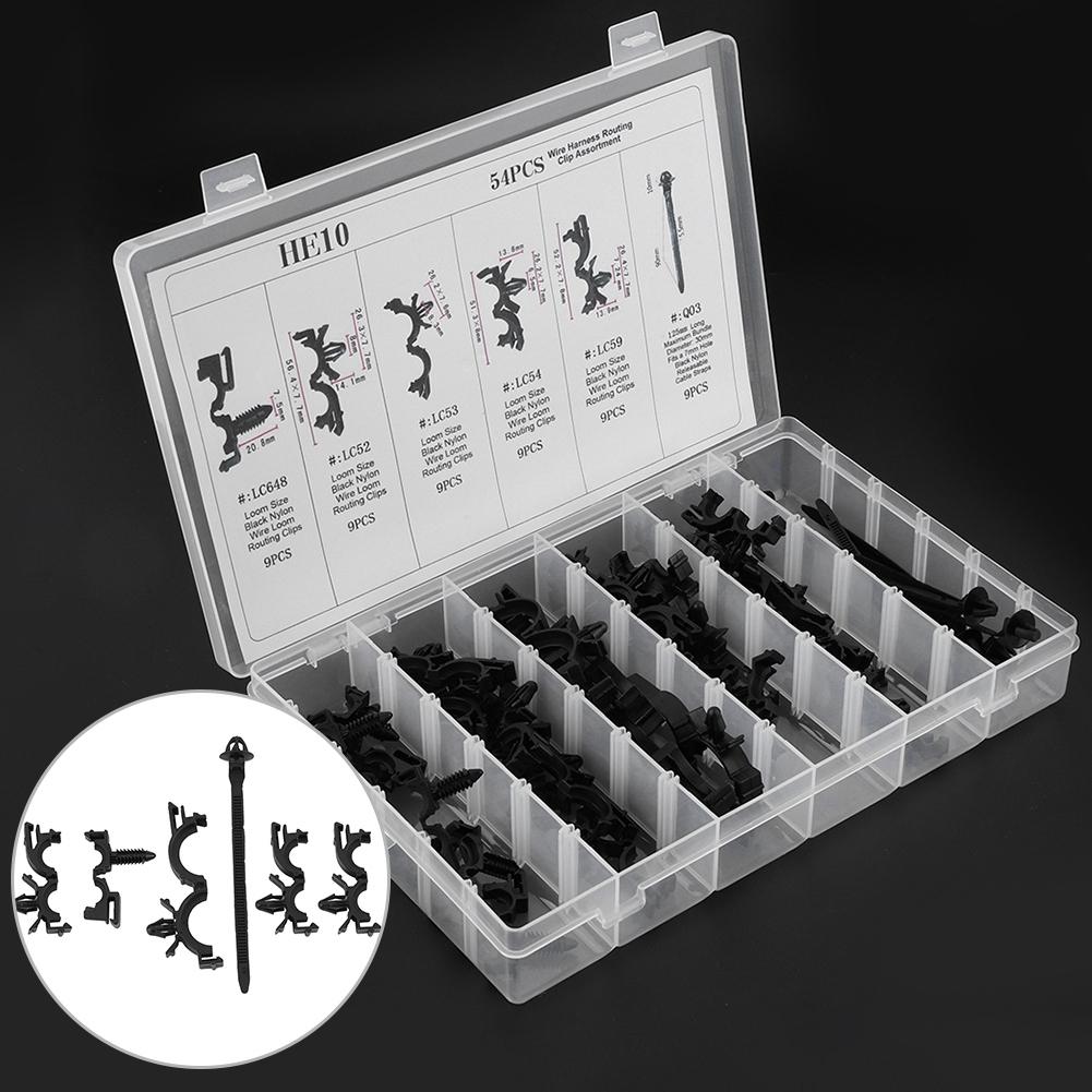 54pcs Assorted Car Body Wiring Harness Fastener Wire Routing Clip Convoluted Conduit Clip