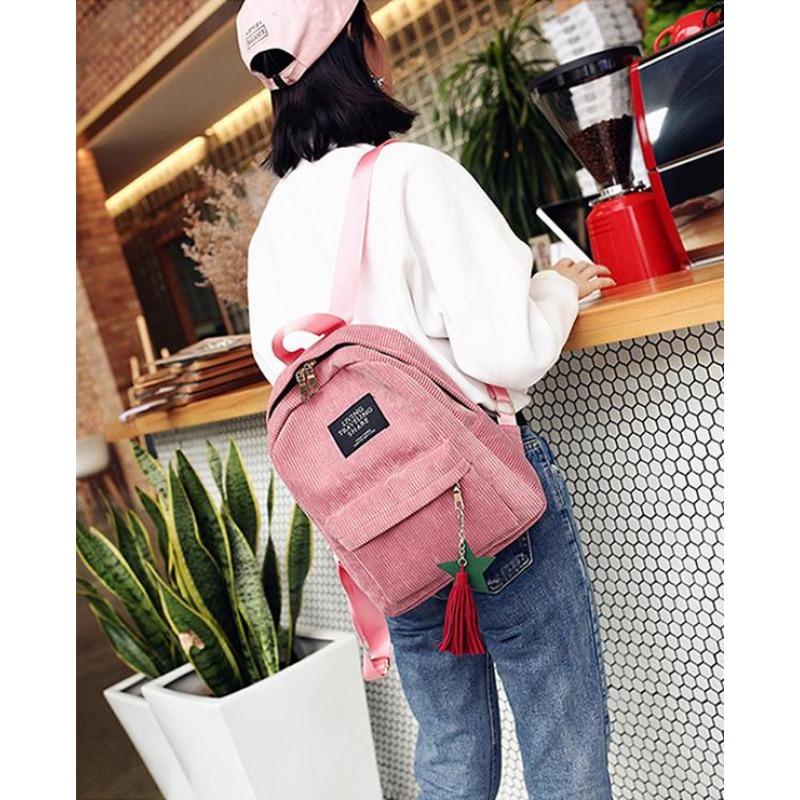Women School Soulder Bag Tassel Corduroy Backpack Preppy Style Knapsack