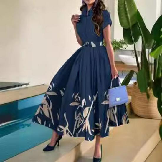 2024 Floral Print Short Sleeve Button Dress with Belt – European & American Style, Big Swing, Shirt Collar