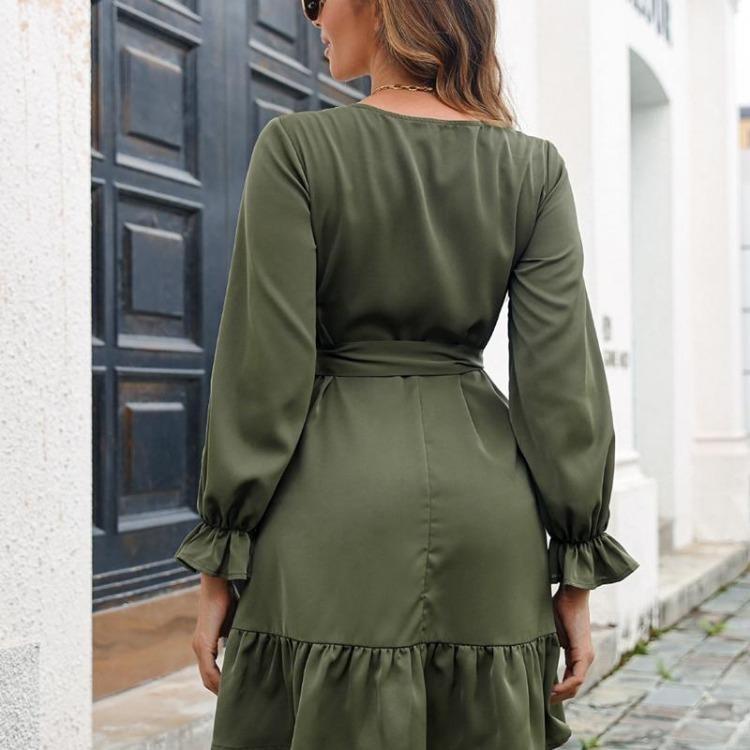 Elegant Chic Long Sleeve Lace Dress V Neck Solid Color Ruffle Women Dresses Fall Winter Sizes S XL