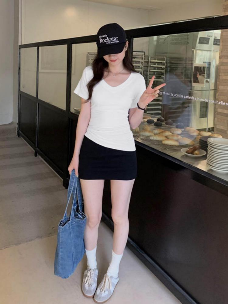 WhiteV-Neckshort Sleeve T-Shirt Women's Casual Loose-Fit Waist-Fitted Top Korean Style Polyester Fiber Summer Clothing