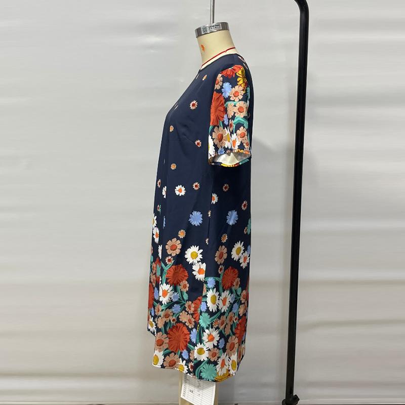 Fashion Short Sleeve Printed Loose Women's Dresses Summer Round Neck Elegant A Line Casual Floral Dress Ladies Vintage Slim Fit Female Dress 26176