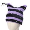Casual Outdoor Knitted Cap Cat Ear Hat for Women Girls, Striped Slouchy Crochet Headgear Fashionable Daily Wear with Shiny Rhinestones, Cute