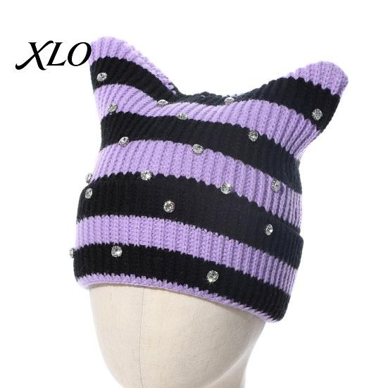 Casual Outdoor Knitted Cap Cat Ear Hat for Women Girls, Striped Slouchy Crochet Headgear Fashionable Daily Wear with Shiny Rhinestones, Cute