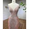 European and American pink luxury beaded feather sexy suspender fishtail atmosphere hosting banquet evening dress LA11101