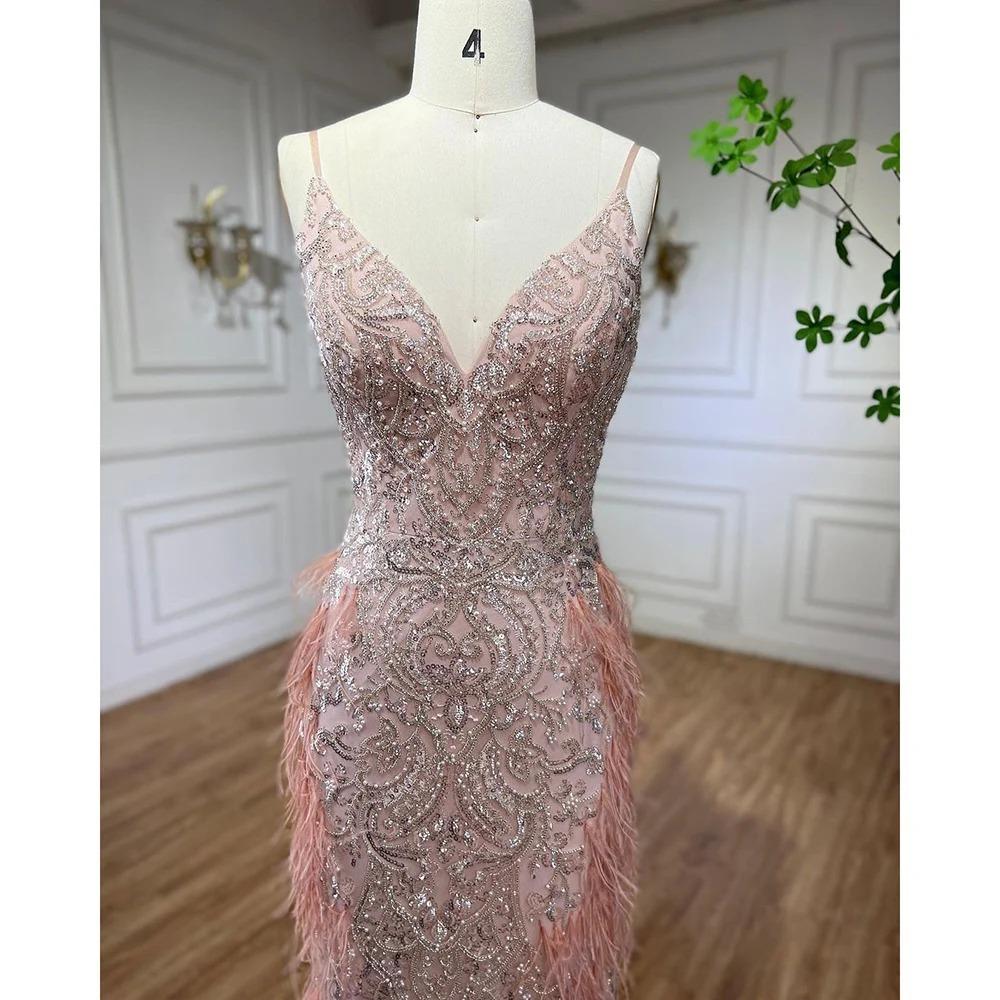 European and American pink luxury beaded feather sexy suspender fishtail atmosphere hosting banquet evening dress LA11101